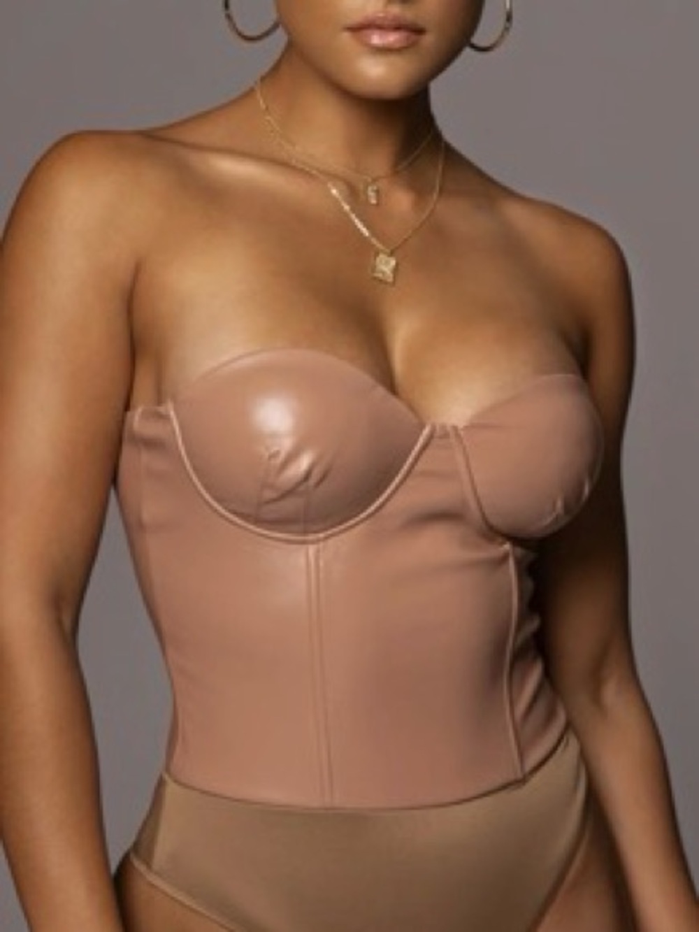 JLUXLABEL Strapless Faux-Leather Bustier Bodysuit in Tan